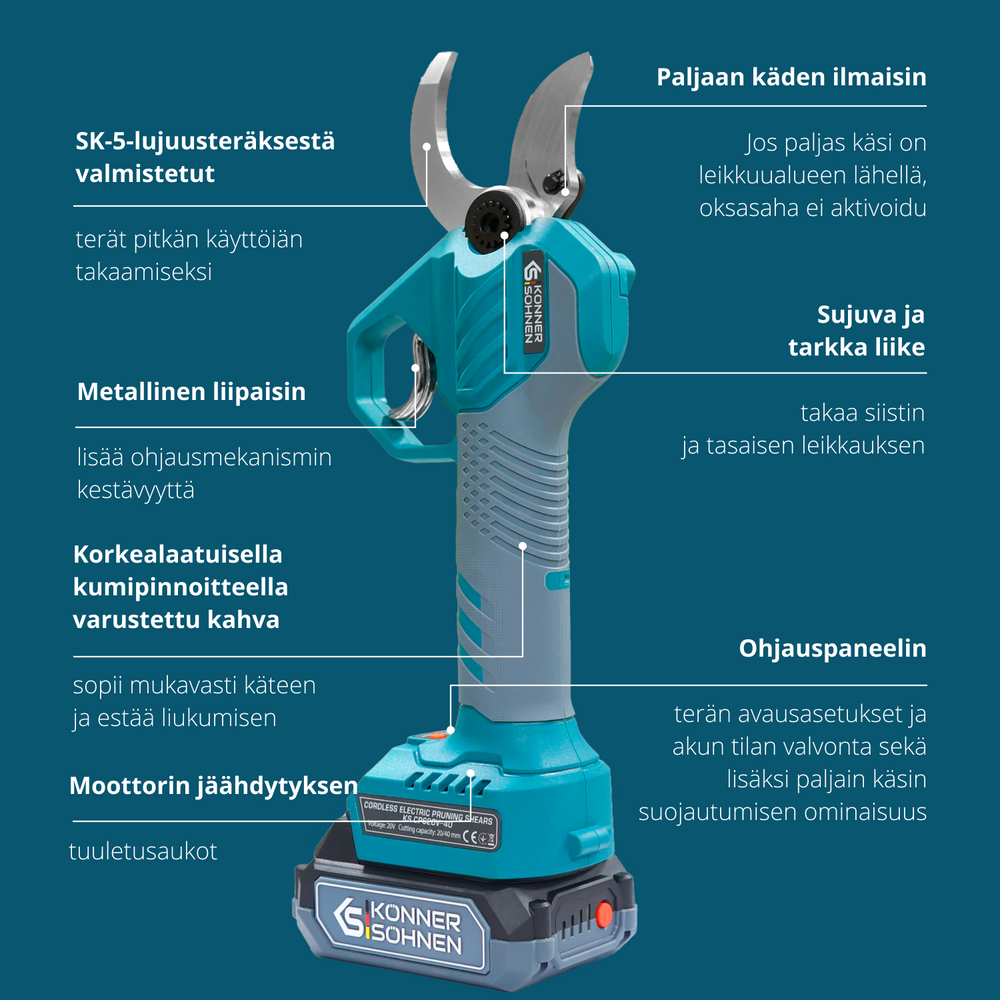 Johdottomat sähköiset oksasakset KS CPS20V-40 CASE PLUS