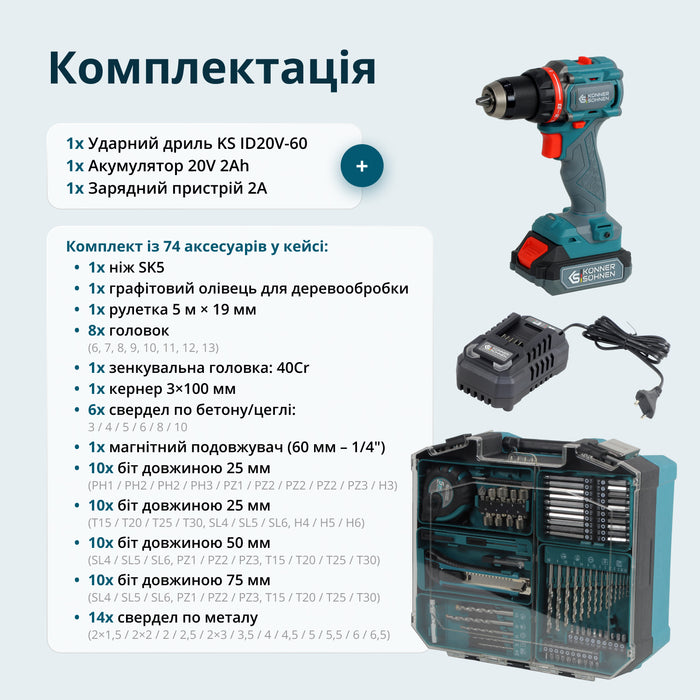 Комплект акумуляторного електроінструменту KS ID20V-60 KIT 74 PLUS