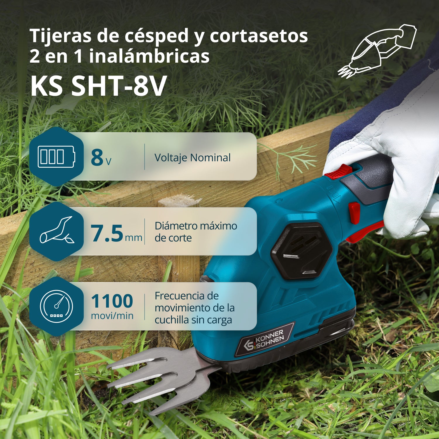 Tijeras de césped y cortasetos 2 en 1 inalámbricas con poste de extensión telescópico KS SHT-8V + Extension Pole