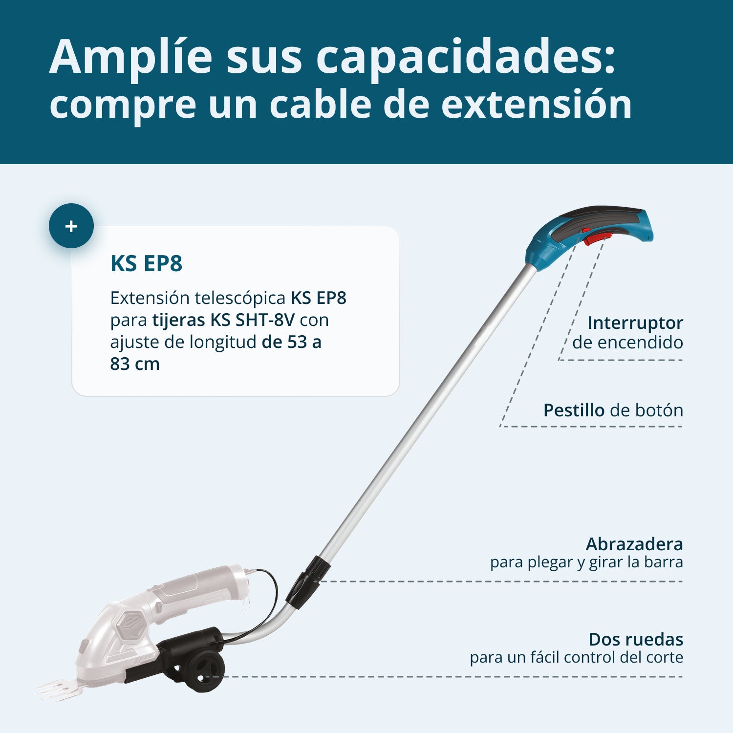 Tijeras de césped y cortasetos 2 en 1 inalámbricas con poste de extensión telescópico KS SHT-8V + Extension Pole
