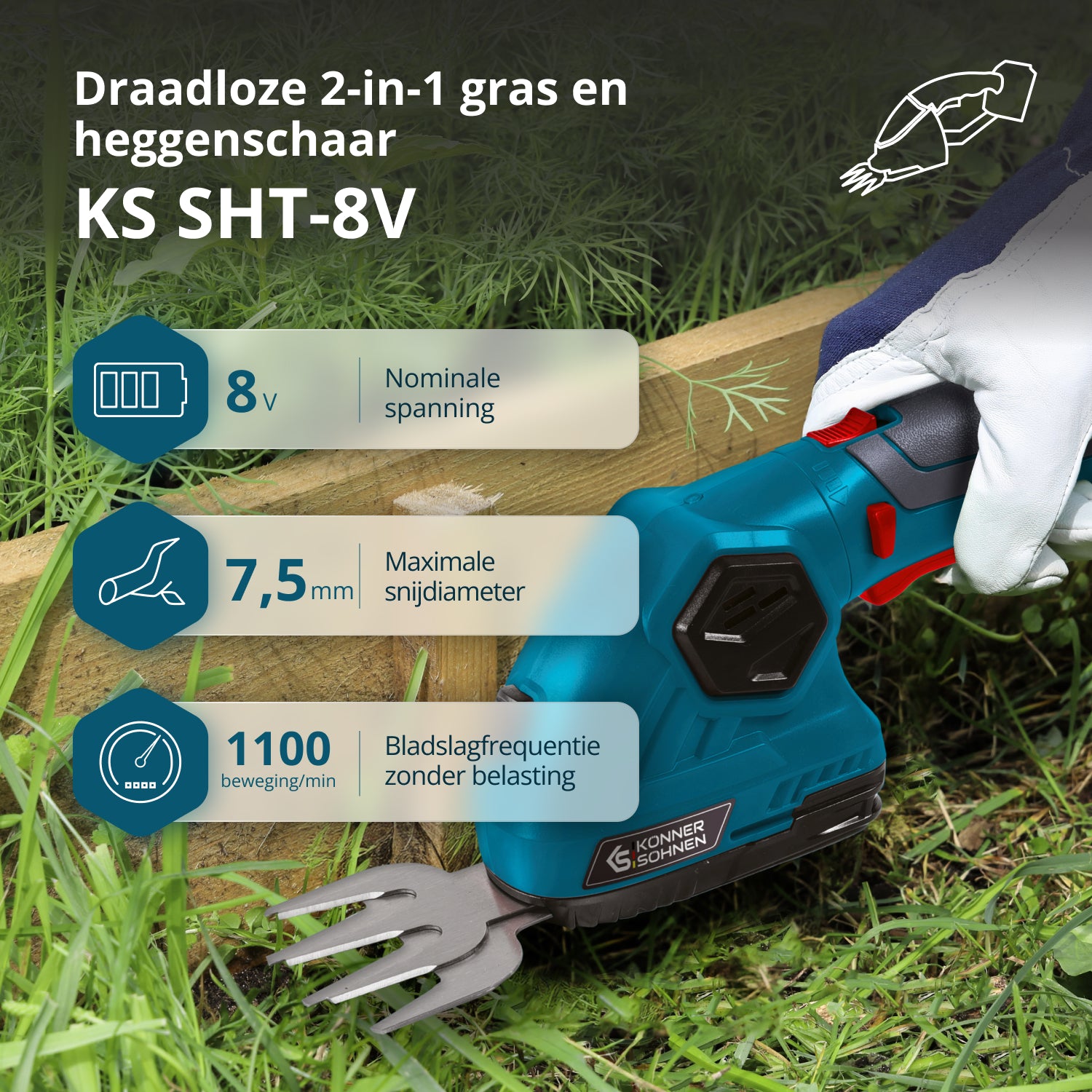 Snoerloze 2 in 1 Grasmaai- en Heggenschaar met Telescopische Verlengstok KS SHT-8V + Extension Pole