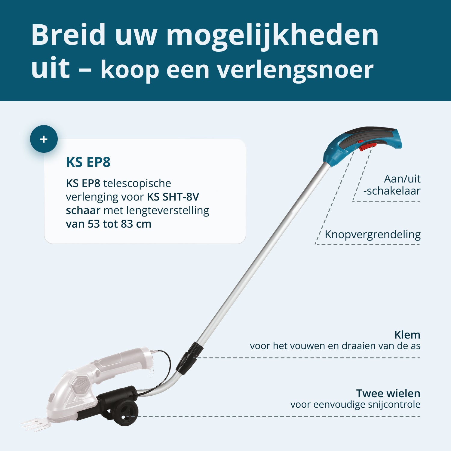 Snoerloze 2 in 1 Grasmaai- en Heggenschaar met Telescopische Verlengstok KS SHT-8V + Extension Pole