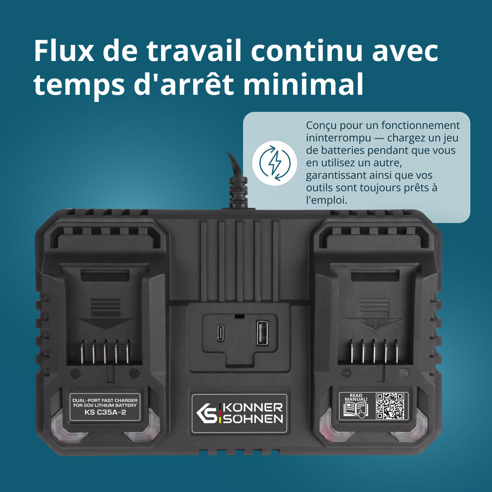 Chargeur double pour batteries rechargeables 20V KS C35A-2