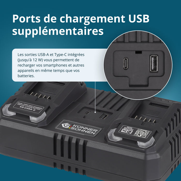 Chargeur double pour batteries rechargeables 20V KS C35A-2